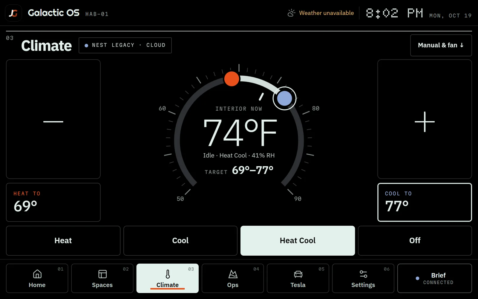 Galactic OS Hab climate screen with dial and fine-tune keys